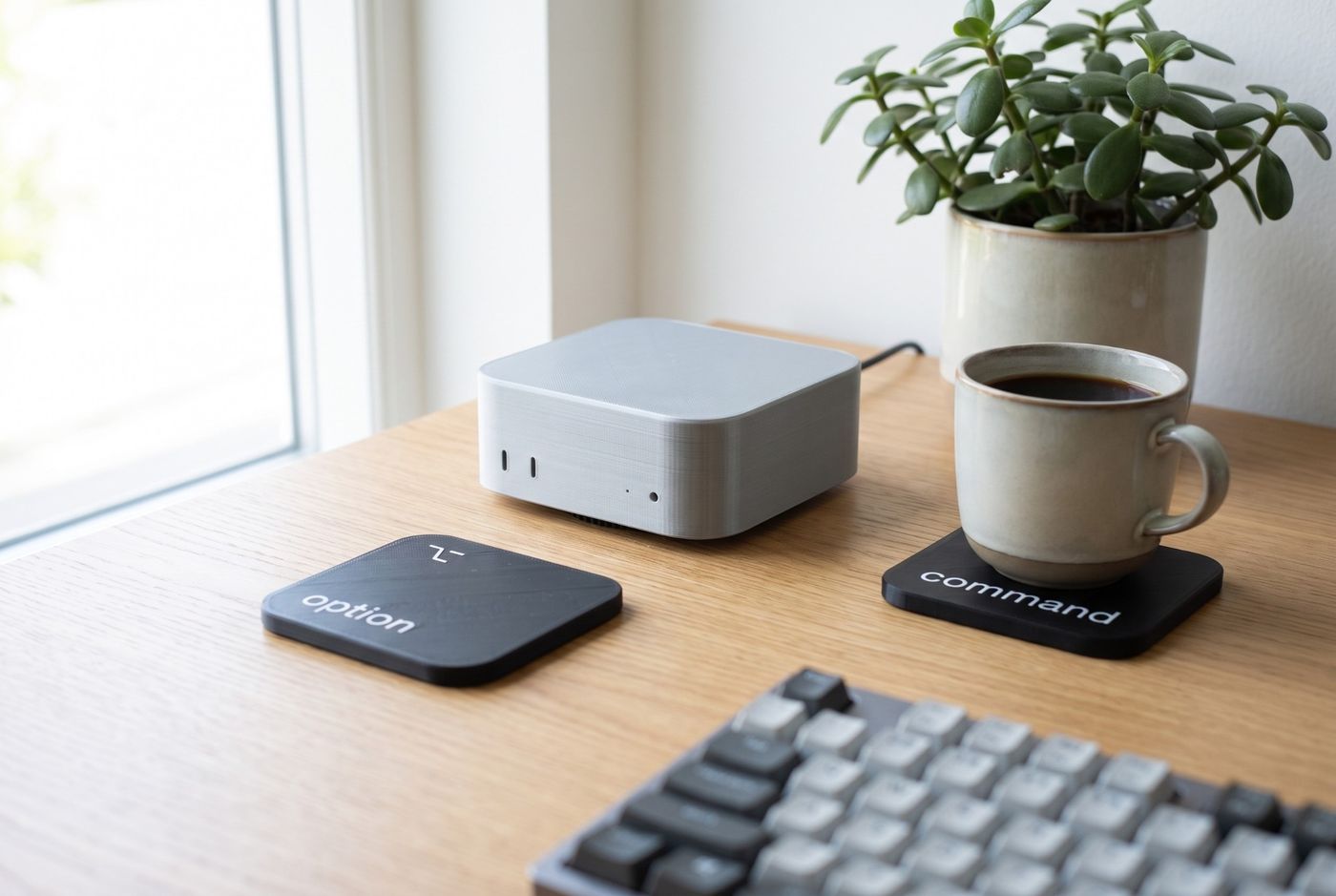 The Mac mini holder on an oak desk by a window, the option coaster in front of it and a cup of coffee on the command coaster, a keyboard in the corner.