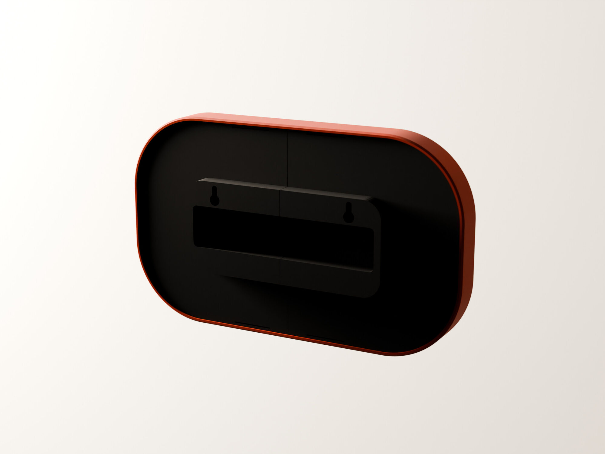 The back of the clock: the charcoal panel with its plinth, the strip bars and the two keyholes.