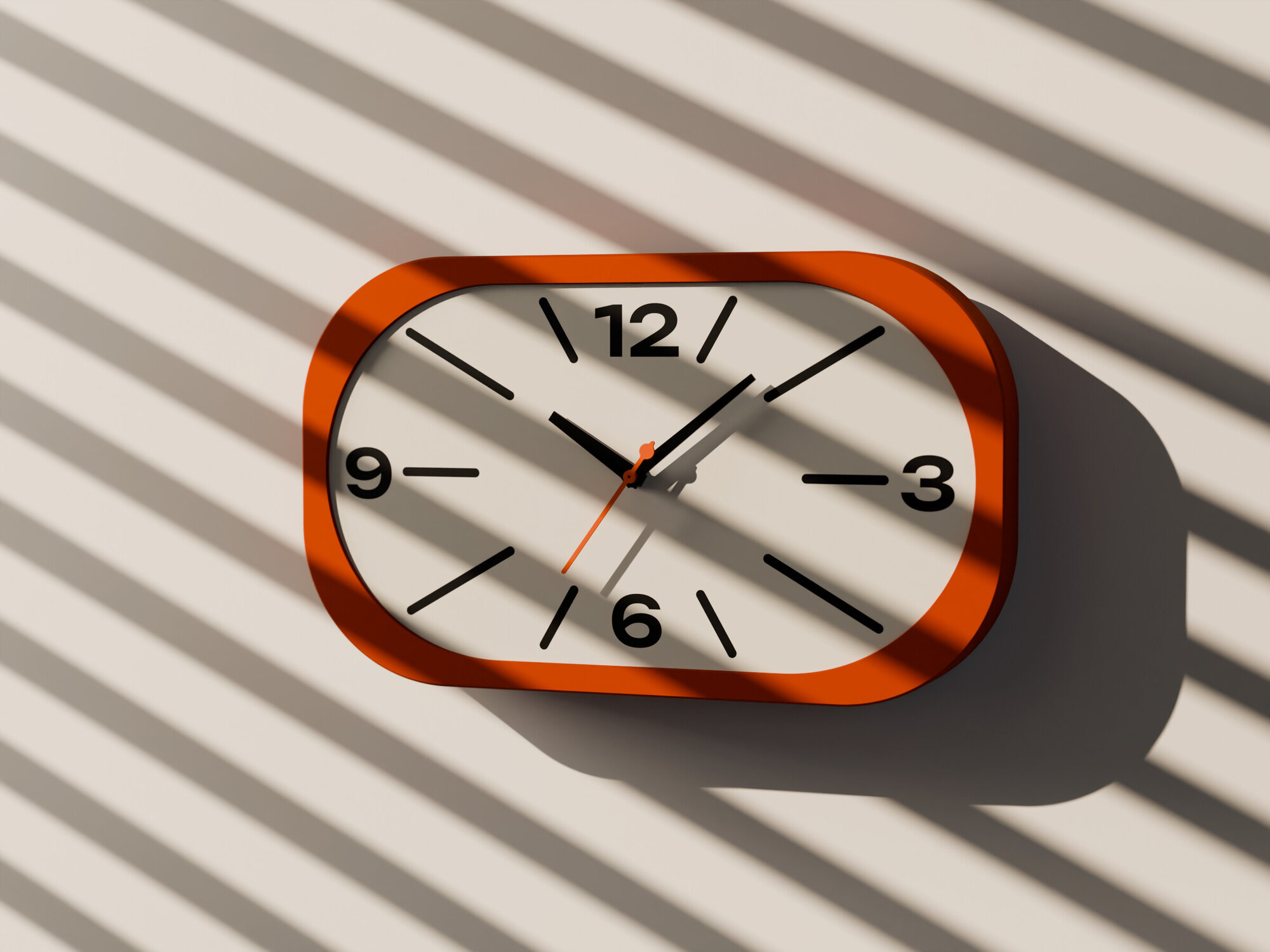 The clock on the wall with sunlight through blinds striping the wall and the dial.